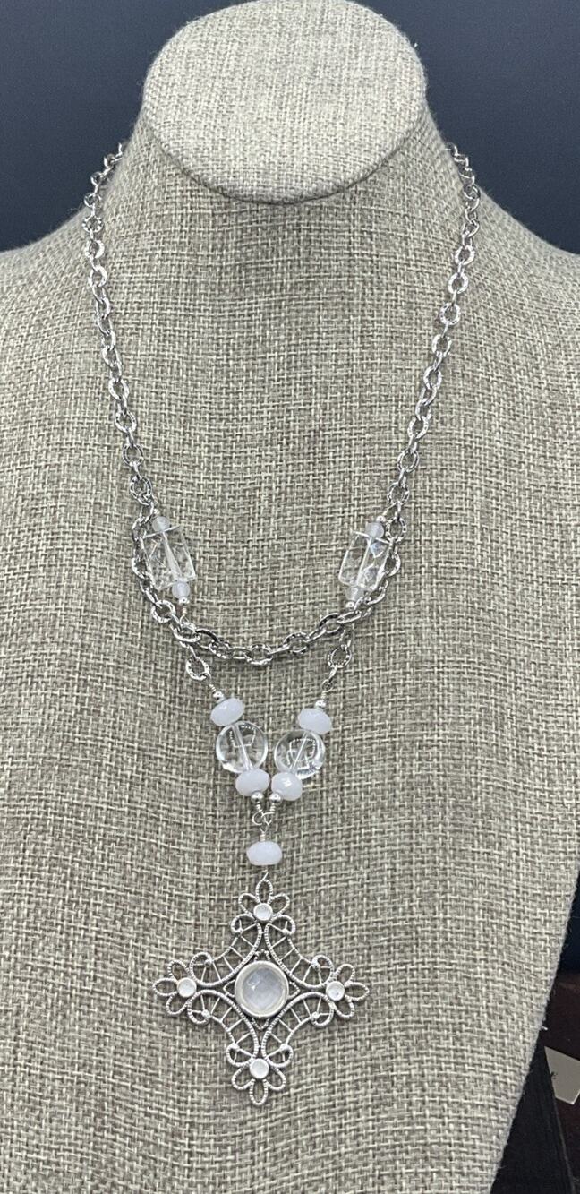 Barse Lace Cross Beaded Necklace- Snow Quartz- Silver- NWT
